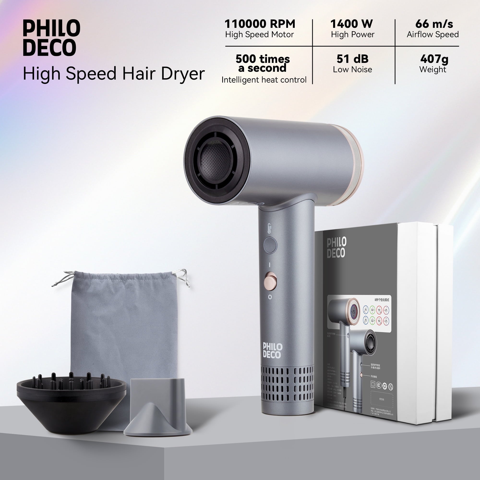 PhiloDeco Hair Dryer with Diffuser, 500 Million Negative Ionic Hair Dryer, Professional Hair Dryer 110000RPM Blow Dryer, Fast Drying High-Speed Hair Dryer for Women Men