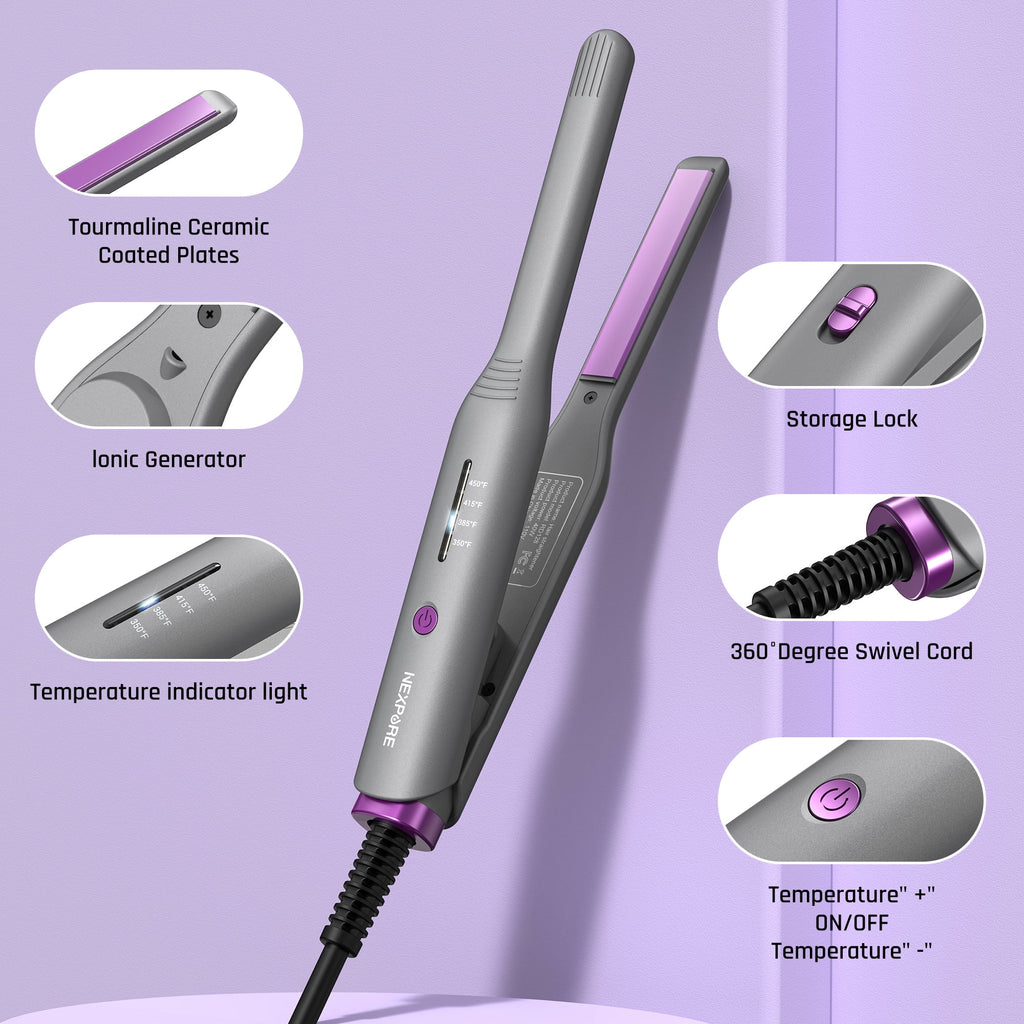 NEXPURE 1/2" Flat Iron Hair Straightener & Curler, 2 in 1 Ceramic Mini Straightener, Travel Iron, 30s Fast Heat Up, Purple