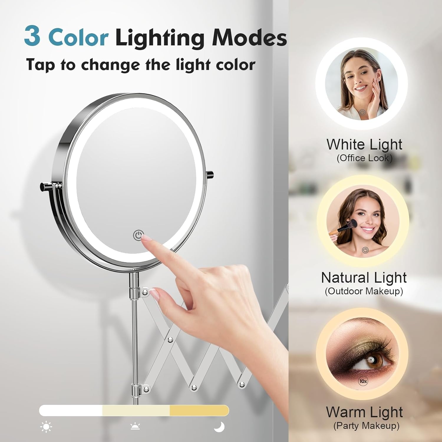FUNTOUCH Rechargeable Wall Mounted Makeup Mirror - 8" Double Sided 1X/10X Magnifying Mirror with 3 Color Lights Dimmable Touch Screen, 360°Swivel 19.6" Retractable Accordion Bathroom Mirror - Chrome