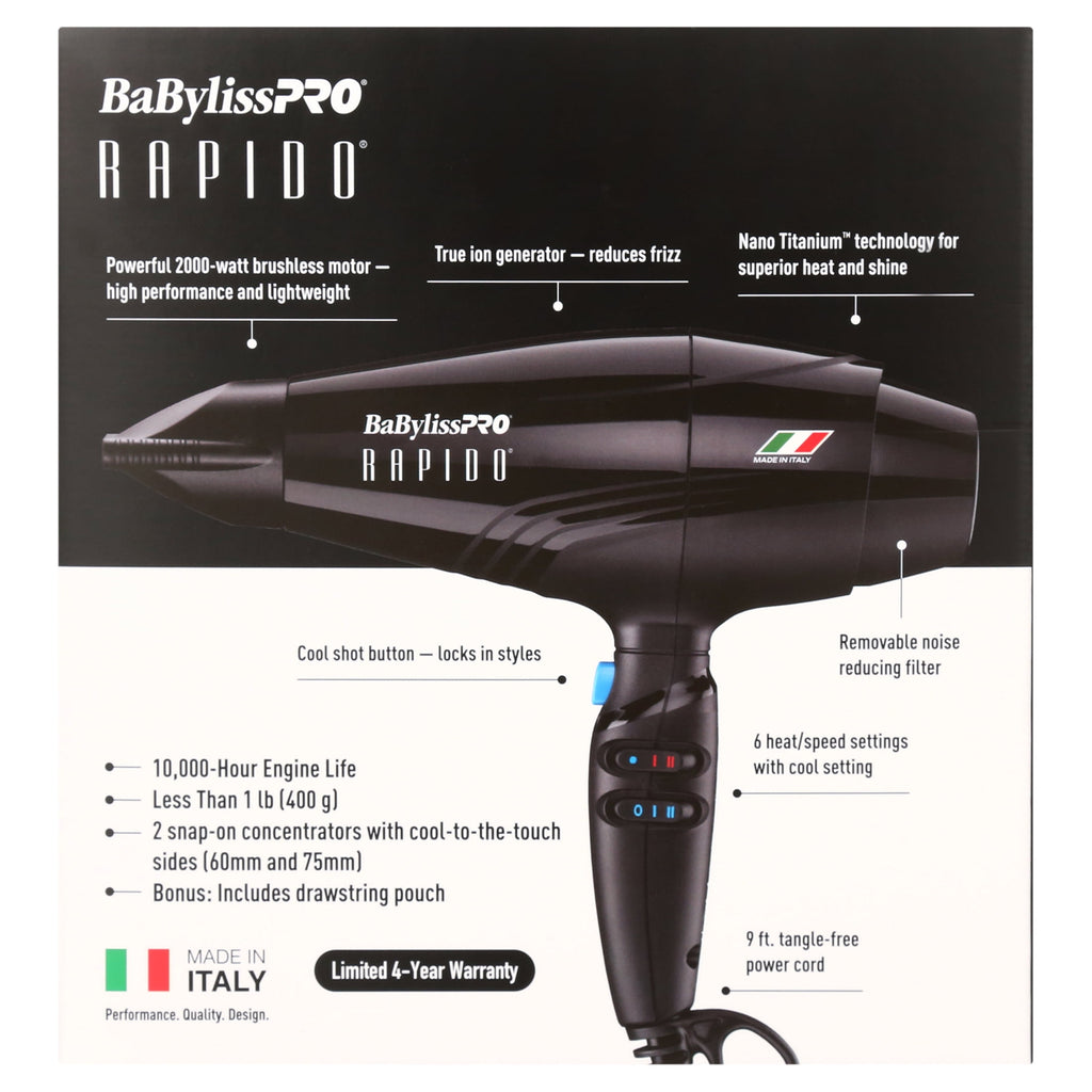 BaBylissPRO Rapido Professional Hair Dryer, Black, Made in Italy