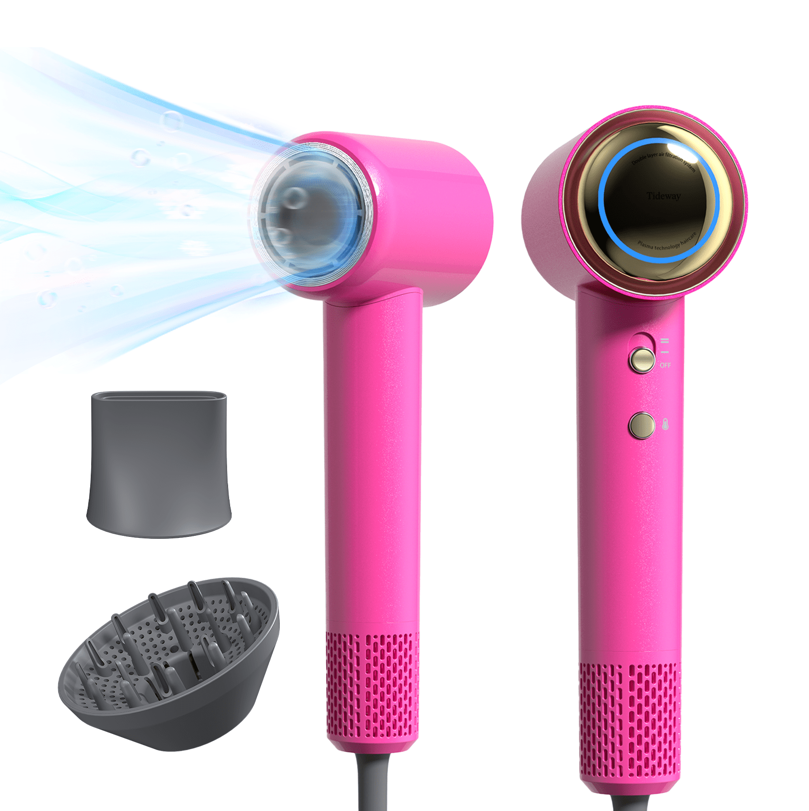 Tideway H11 Hair Dryer with Diffuser, High-Speed 110,000 RPM Brushless Motor, Plasma Tech, Smart Temp Control, Lightweight, Pink