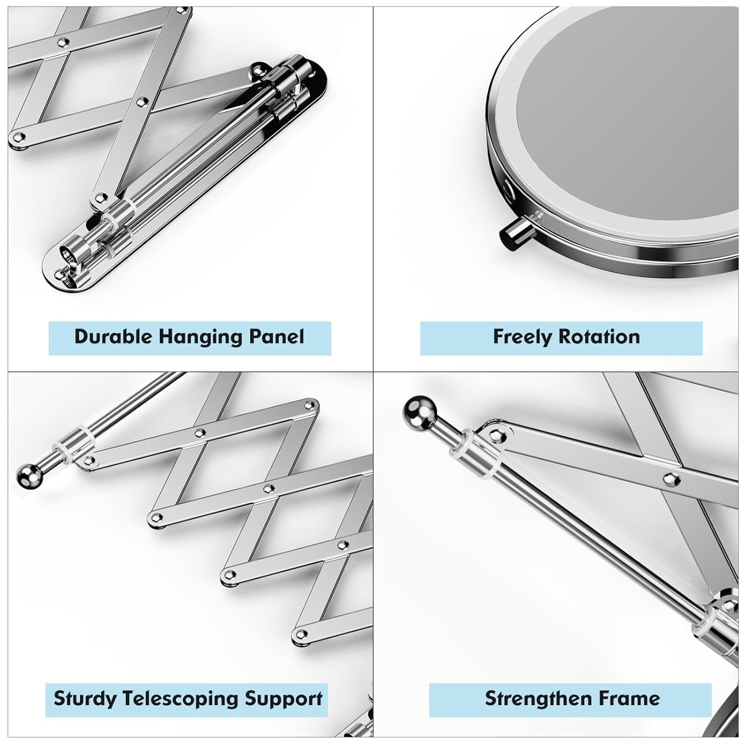 FUNTOUCH Rechargeable Wall Mounted Makeup Mirror - 8" Double Sided 1X/10X Magnifying Mirror with 3 Color Lights Dimmable Touch Screen, 360°Swivel 19.6" Retractable Accordion Bathroom Mirror - Chrome