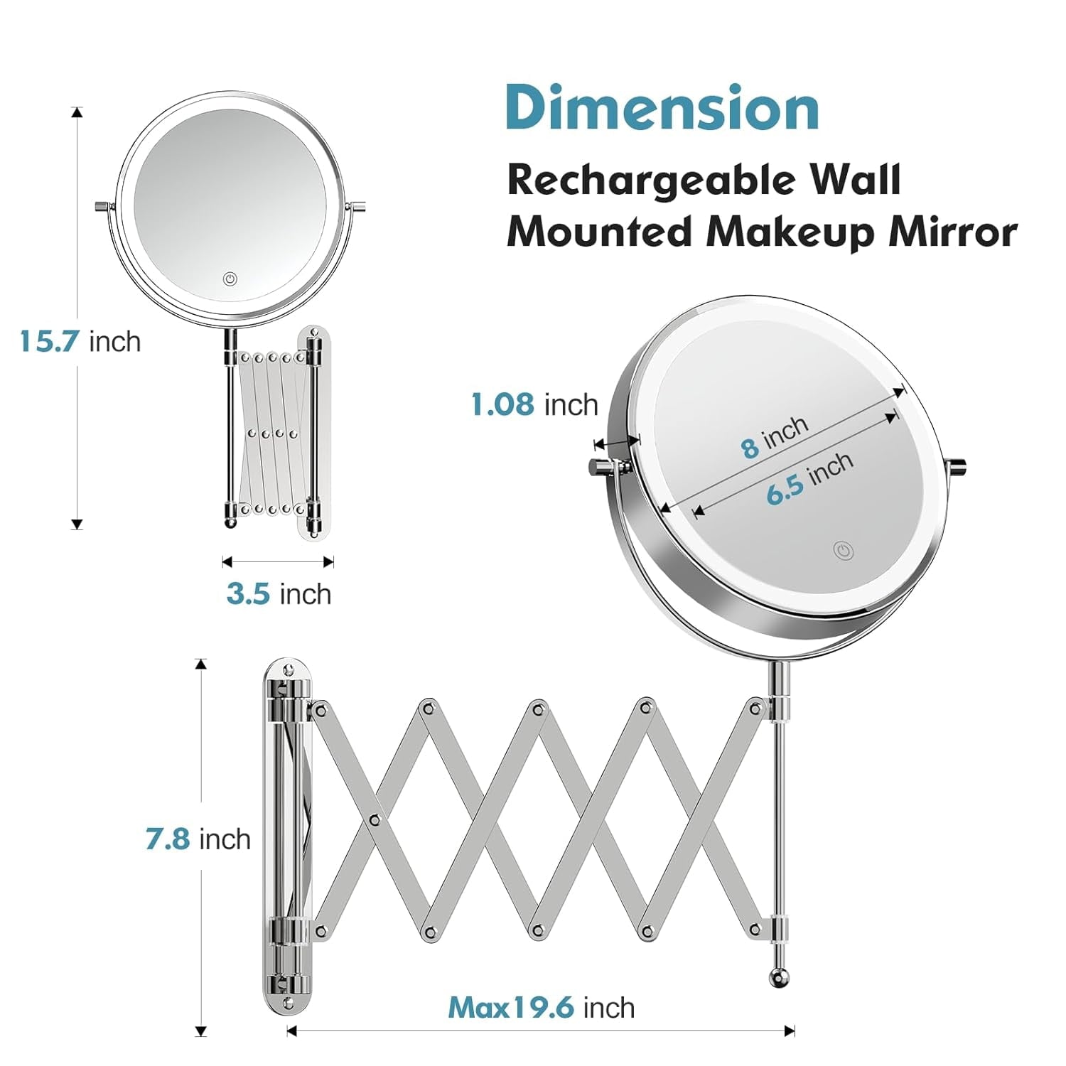 FUNTOUCH Rechargeable Wall Mounted Makeup Mirror - 8" Double Sided 1X/10X Magnifying Mirror with 3 Color Lights Dimmable Touch Screen, 360°Swivel 19.6" Retractable Accordion Bathroom Mirror - Chrome