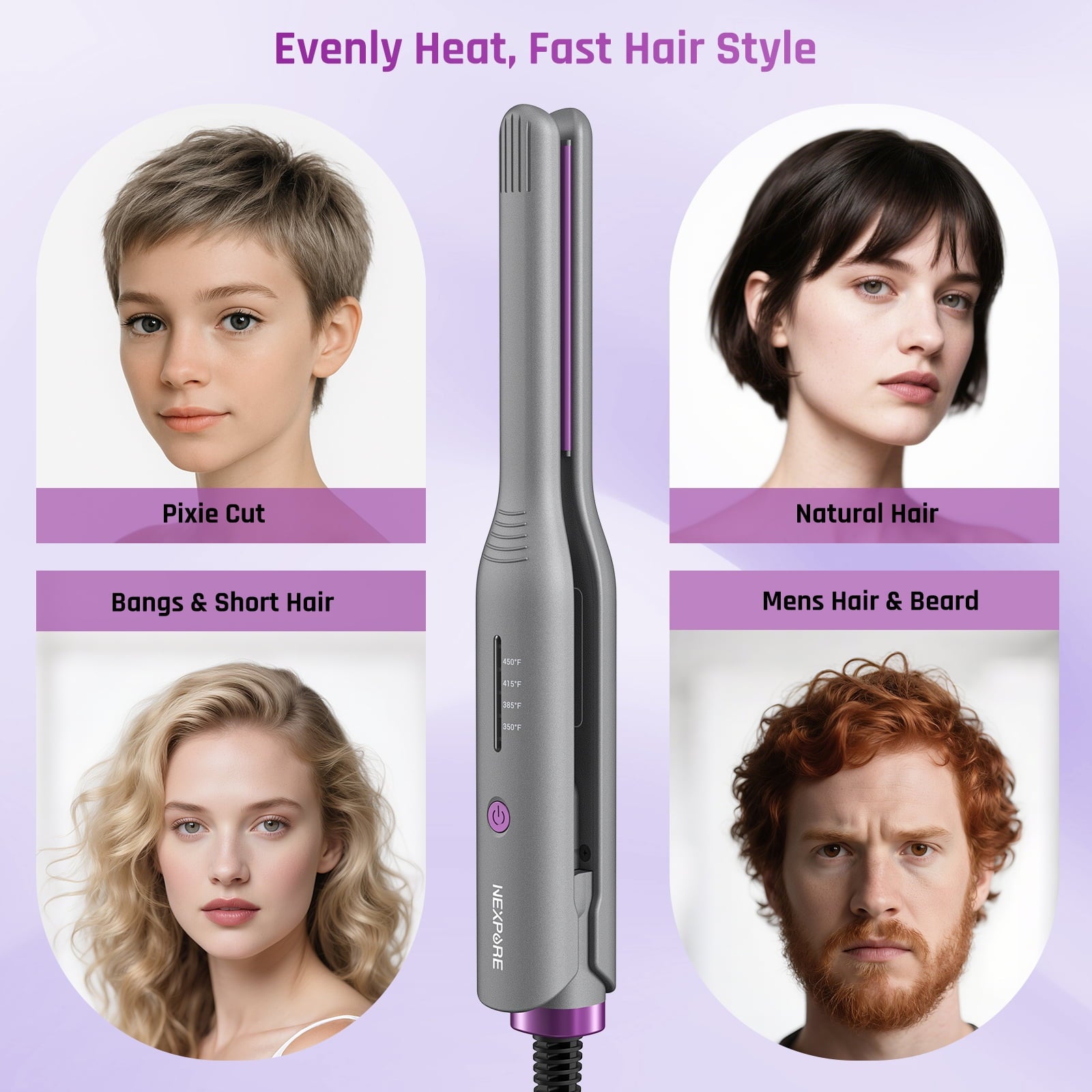 NEXPURE 1/2" Flat Iron Hair Straightener & Curler, 2 in 1 Ceramic Mini Straightener, Travel Iron, 30s Fast Heat Up, Purple
