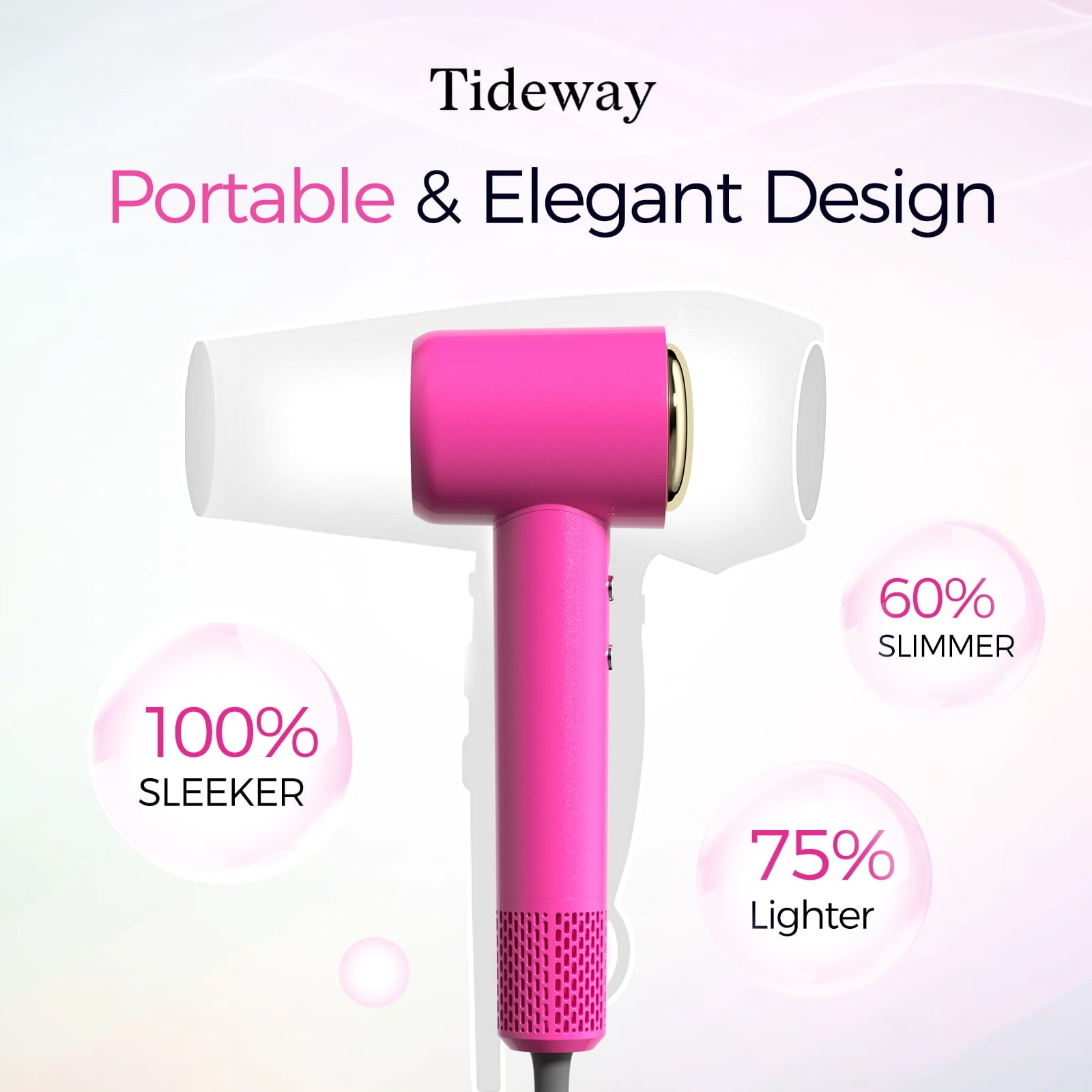 Tideway H11 Hair Dryer with Diffuser, High-Speed 110,000 RPM Brushless Motor, Plasma Tech, Smart Temp Control, Lightweight, Pink