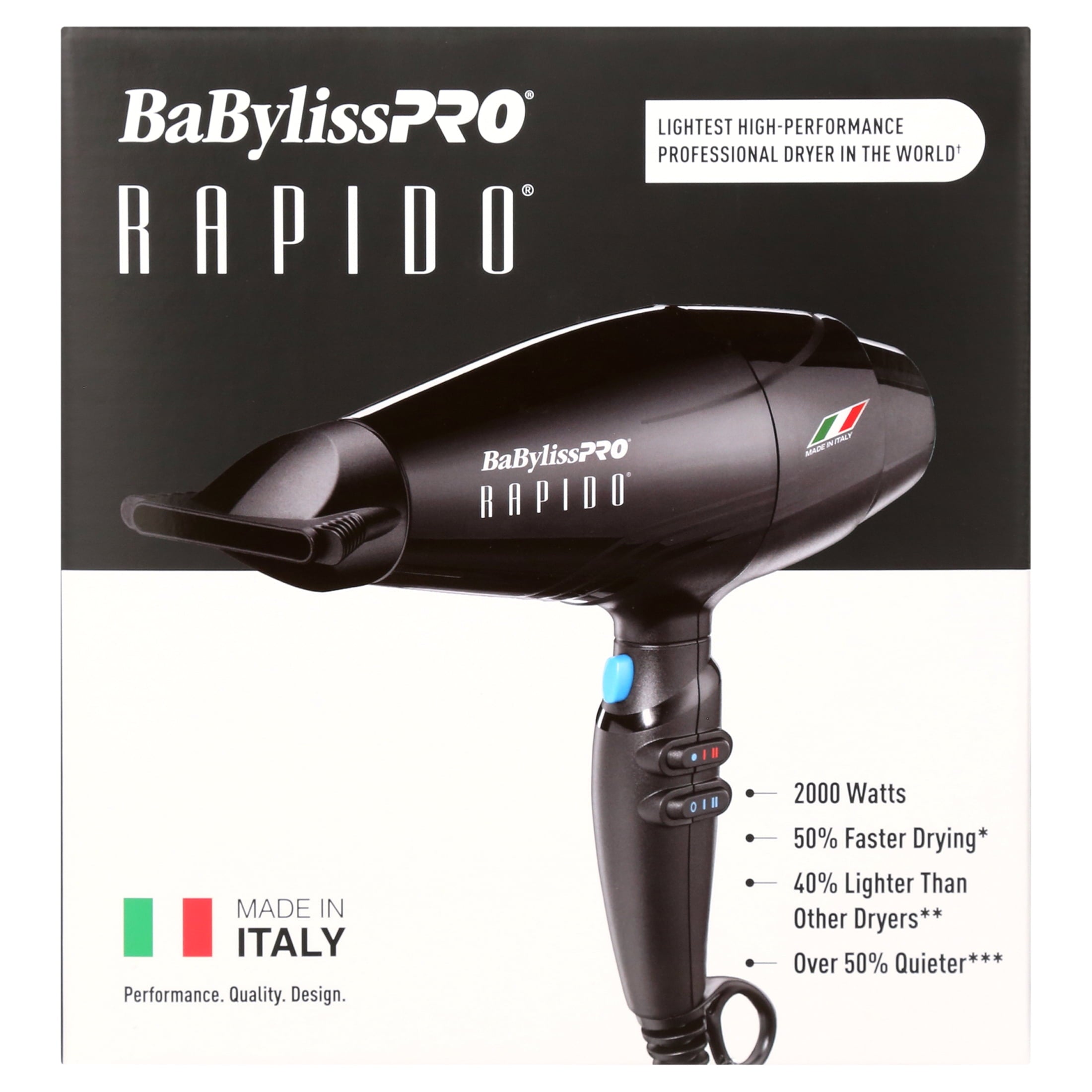 BaBylissPRO Rapido Professional Hair Dryer, Black, Made in Italy