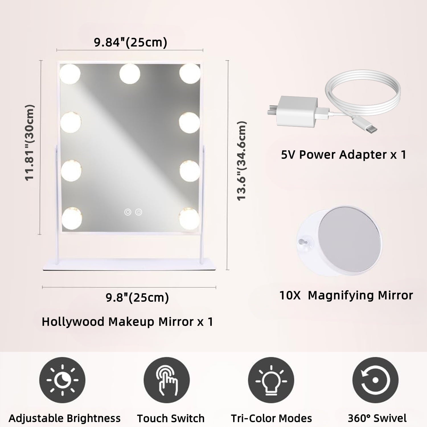 BN-LINK Makeup Mirror with 3 Color Lighting, Vanity Mirrorr with 10X Detachable Magnification, 360°Rotation, for Dressing Room & Bedroom, White