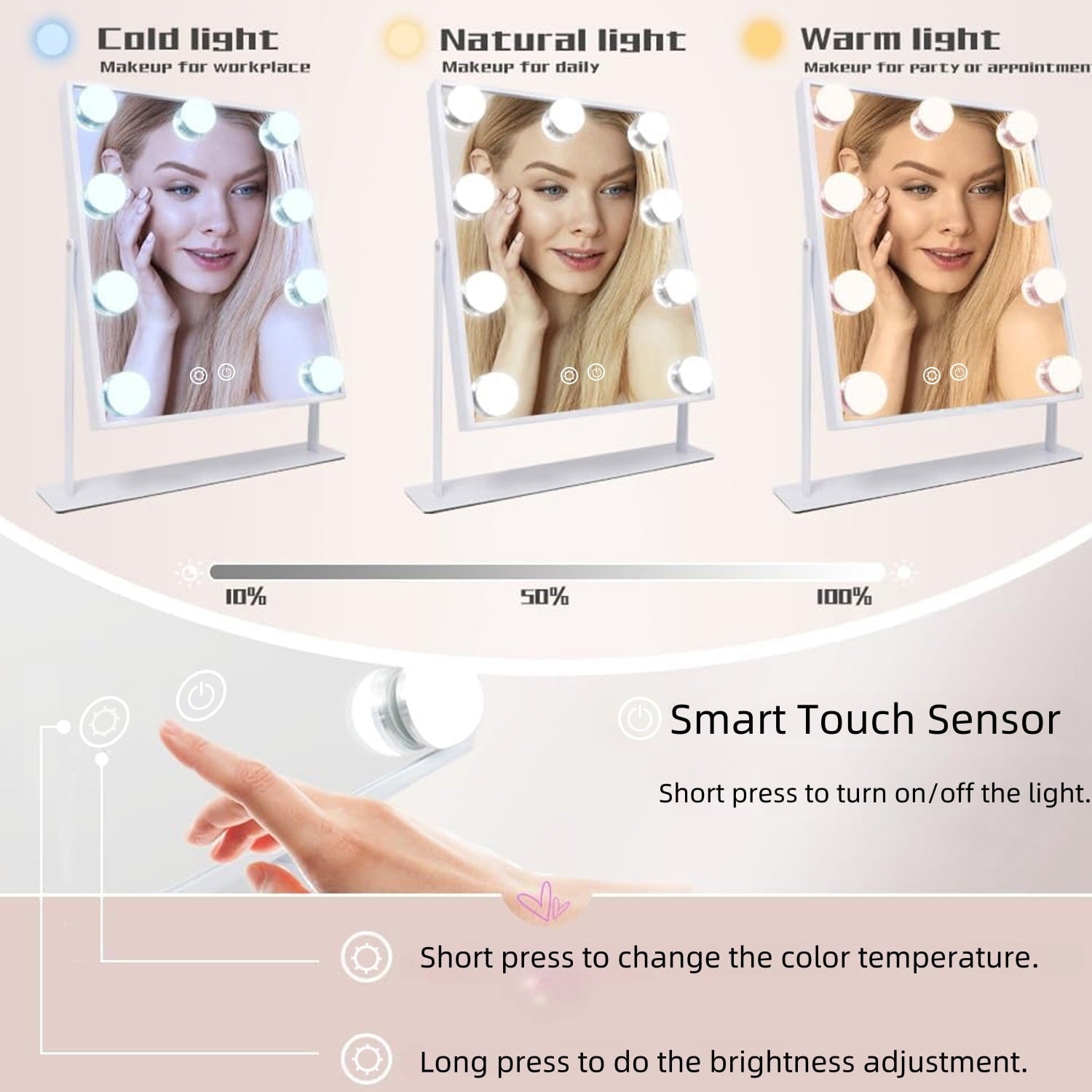 BN-LINK Makeup Mirror with 3 Color Lighting, Vanity Mirrorr with 10X Detachable Magnification, 360°Rotation, for Dressing Room & Bedroom, White