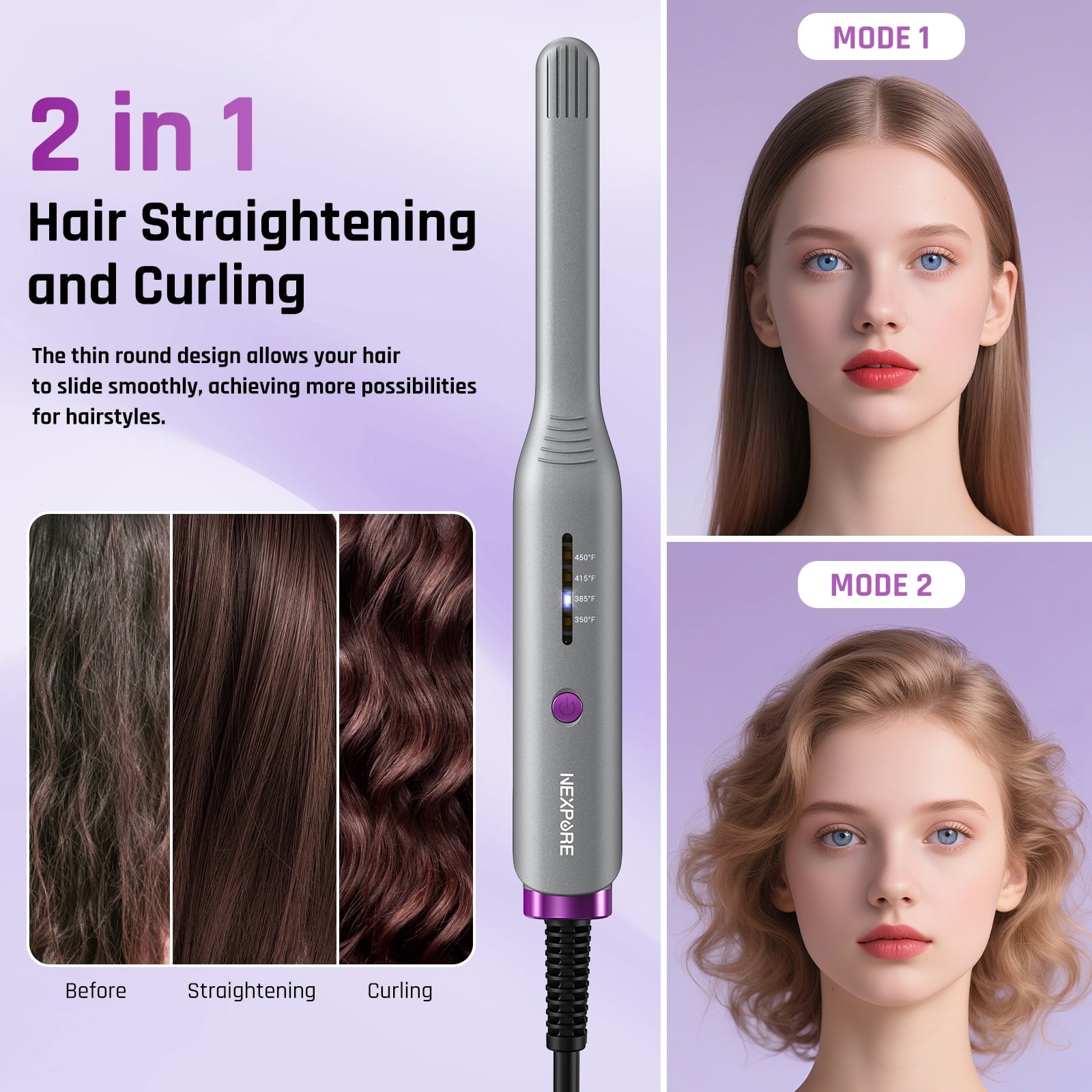 NEXPURE 1/2" Flat Iron Hair Straightener & Curler, 2 in 1 Ceramic Mini Straightener, Travel Iron, 30s Fast Heat Up, Purple
