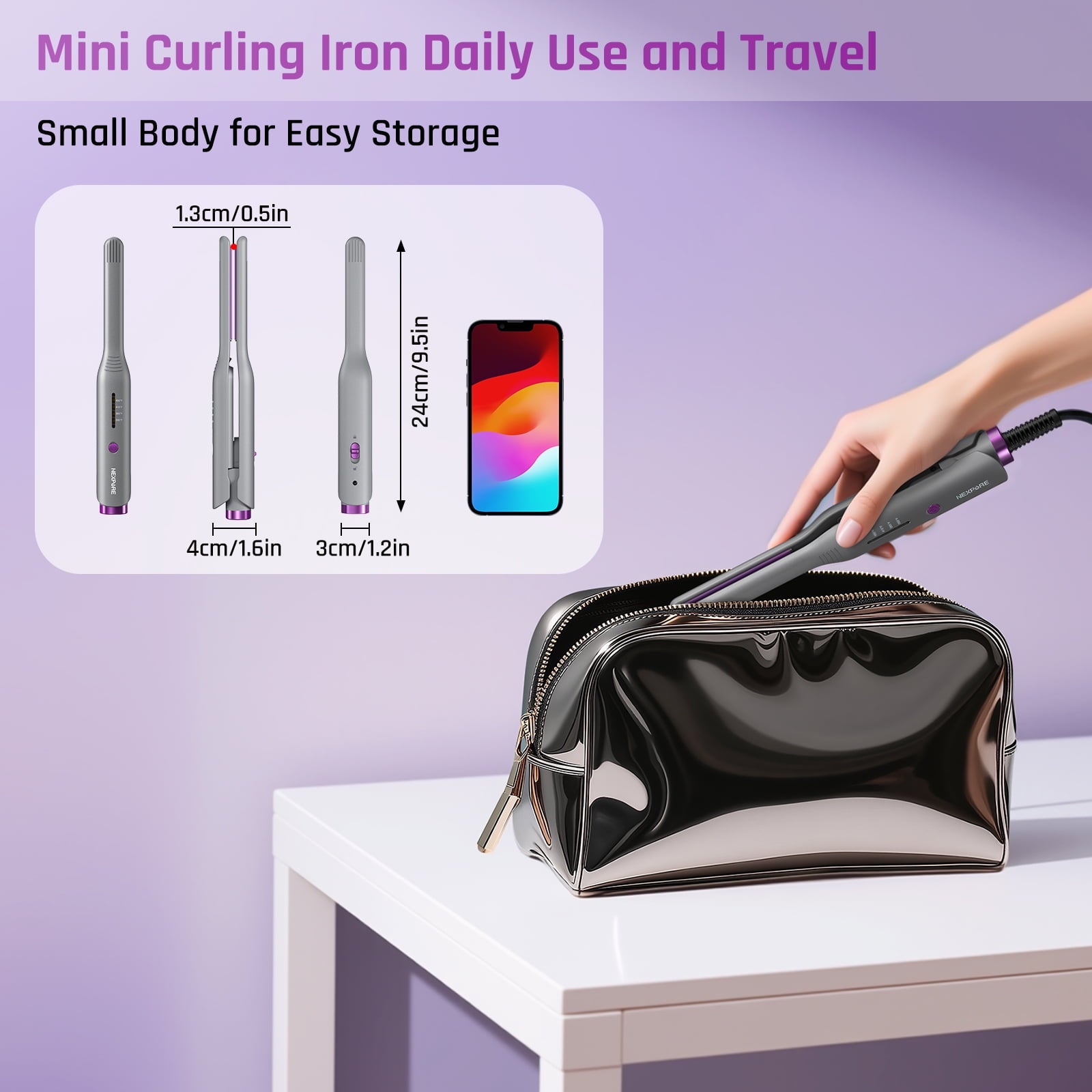 NEXPURE 1/2" Flat Iron Hair Straightener & Curler, 2 in 1 Ceramic Mini Straightener, Travel Iron, 30s Fast Heat Up, Purple