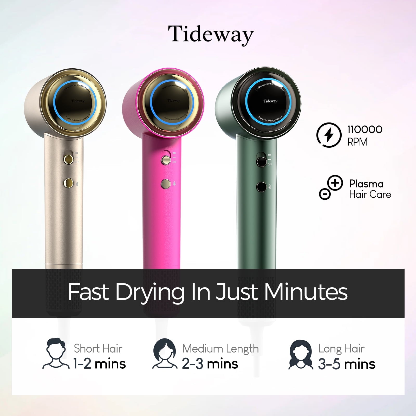 Tideway H11 Hair Dryer with Diffuser, High-Speed 110,000 RPM Brushless Motor, Plasma Tech, Smart Temp Control, Lightweight, Pink