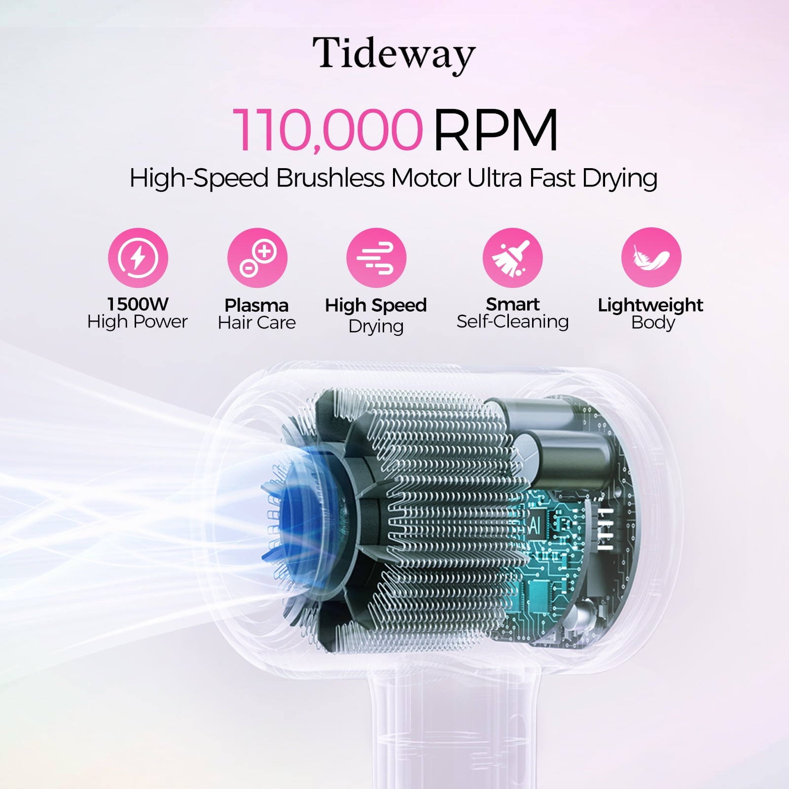 Tideway H11 Hair Dryer with Diffuser, High-Speed 110,000 RPM Brushless Motor, Plasma Tech, Smart Temp Control, Lightweight, Pink