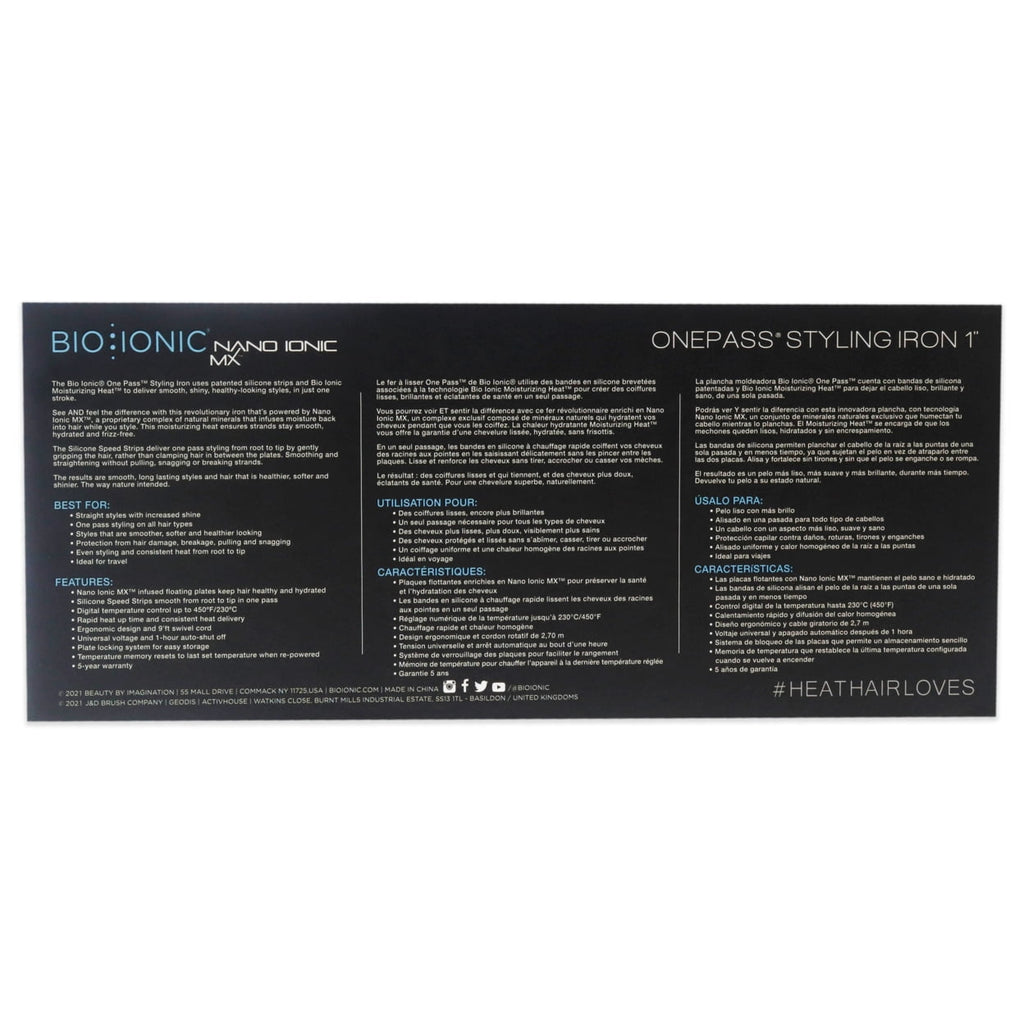 Bio Ionic Onepass Flat Iron, Hydrated and Frizz-Free Hair Styling, 1 Hour Auto Shut-Off, 1-Inch