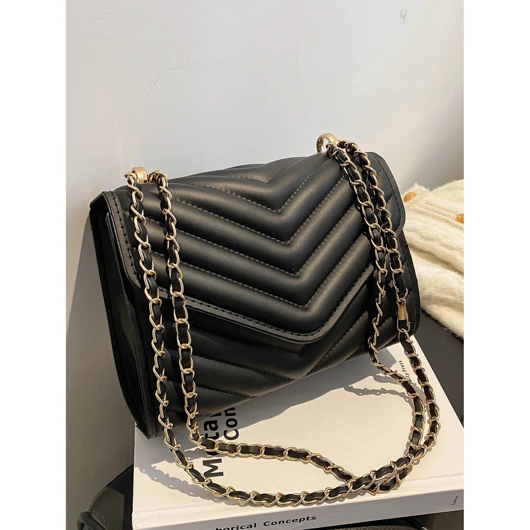 Quilted Pattern Flap Chain Square Bag