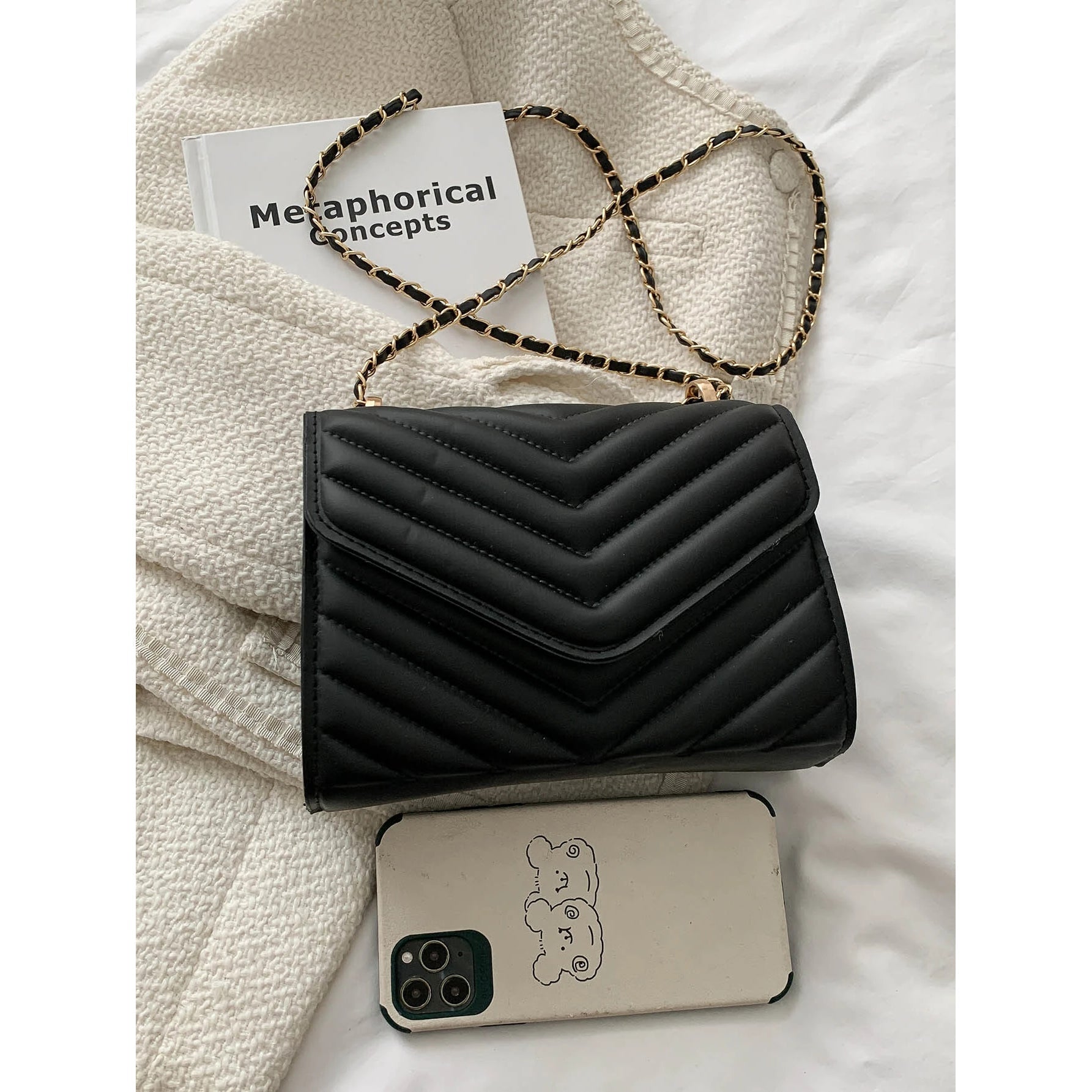 Quilted Pattern Flap Chain Square Bag